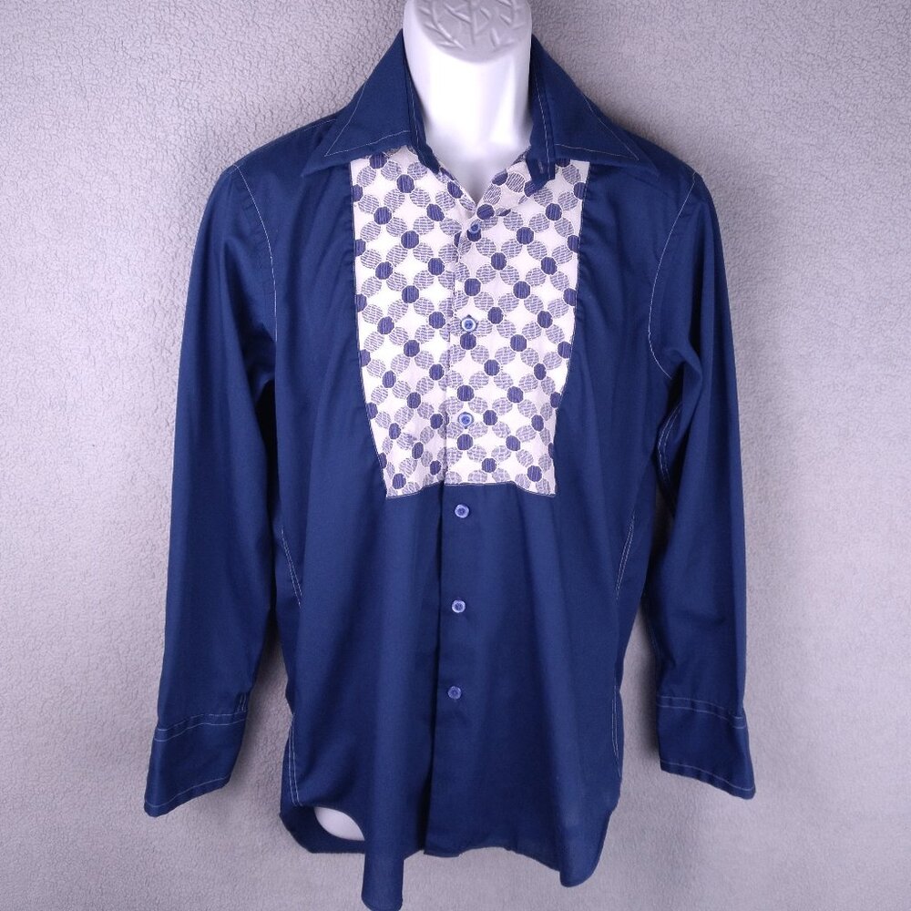 Bronzini Men’s Navy Blue Long Sleeve Bib-Front Dress with Geometric Front Panel